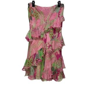 LAUREN Ralph Lauren Silk Cascading Ruffles Skirt Pink Green Floral Wmns Medium